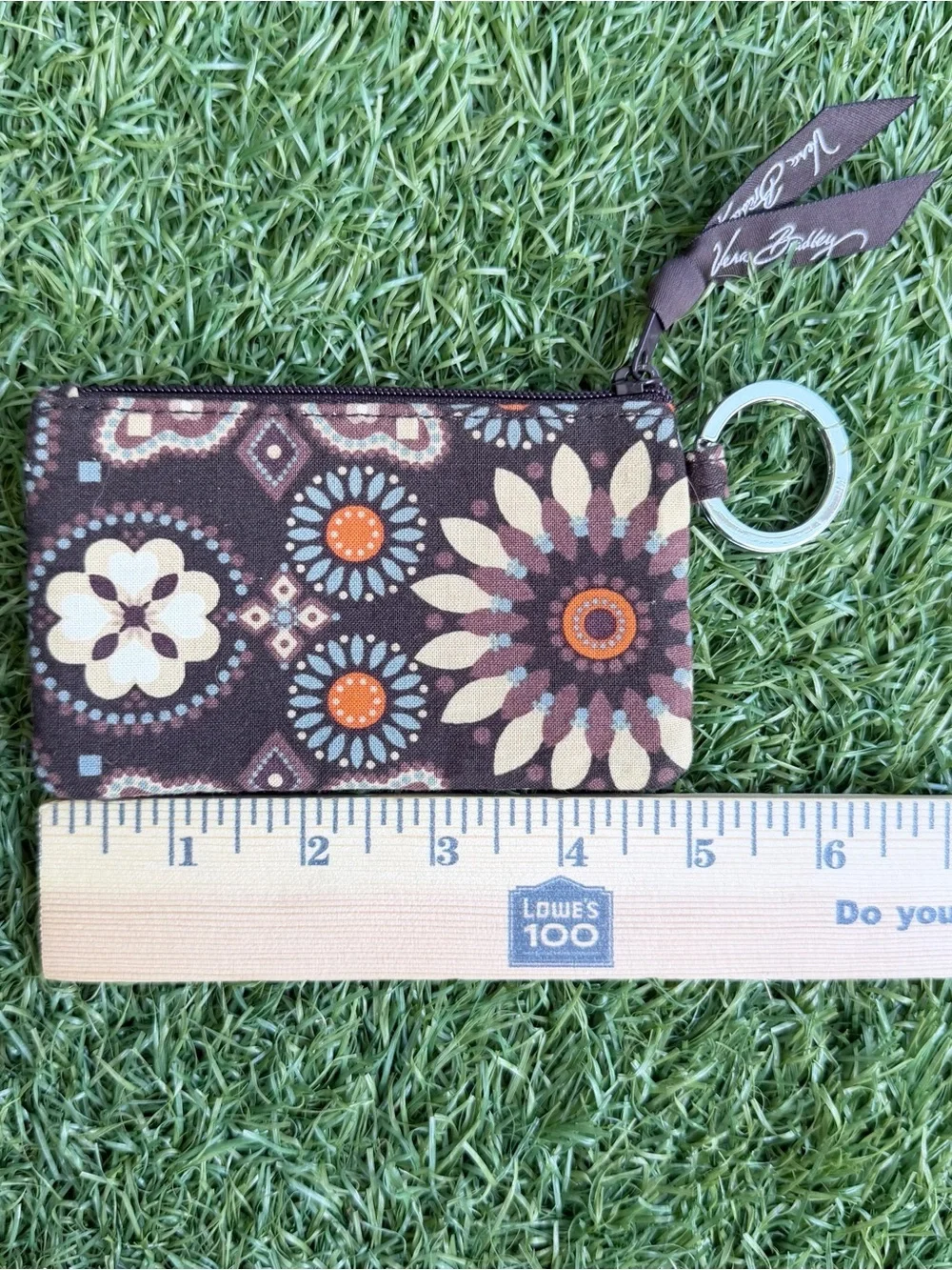 Vera Bradley Kensington Zip ID Case Coin Purse Keychain Brown Orange Retired